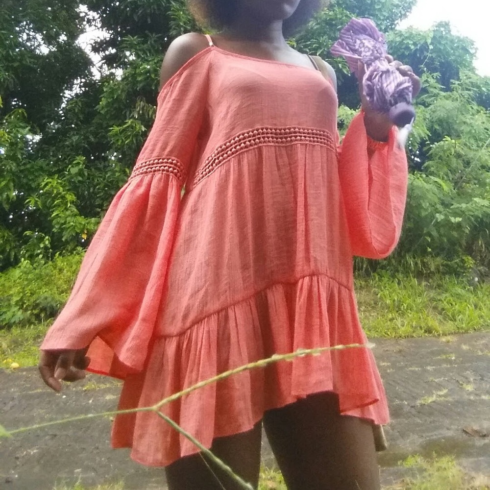 Loose-fitted, Long-sleeved, Beach Dress - Peach